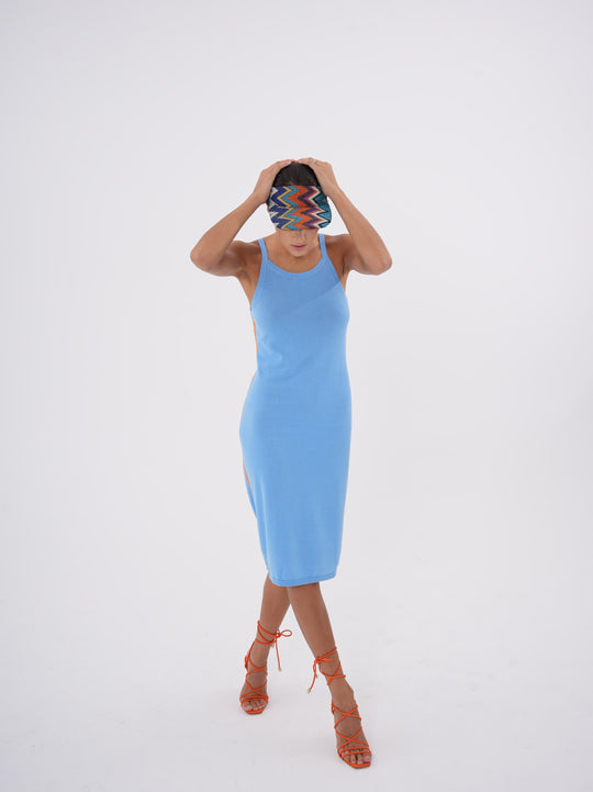 Breathable Elegance: Cotton Casual Midi Dress Azure